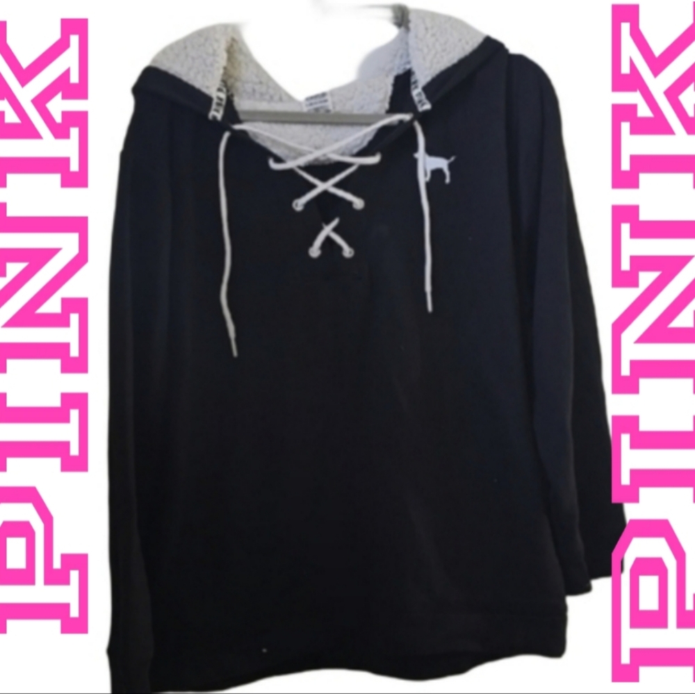 Victoria’s Secret PINK Navy Lace Up Hoodie Sherpa Lined XL